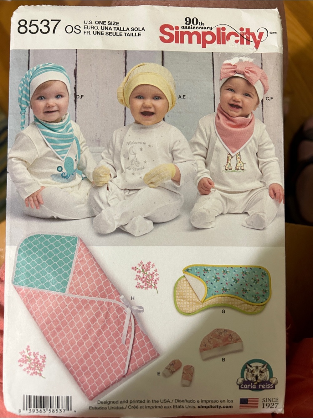 Simplicity Baby Wrap,Hat & Bib and Burp cloth Pattern in Pink, Yellow & Teal